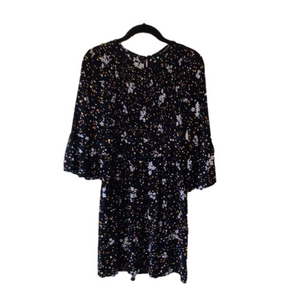 Zara Bell Sleeve Stars and Floral Smocked Bodice Mini Dress Ruffle Detail M